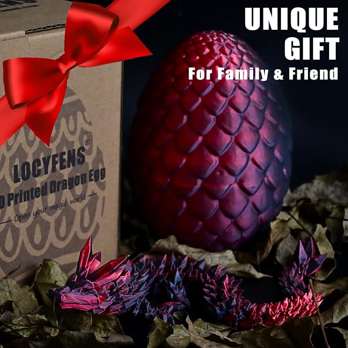 12" 3D Printed Dragon Eggs with Dragon, Articulated 3D Fidget Toys for Kids | Crystal 3D Dragon Toys for Boys Girls, Small 3d Printed Animals, Dino Dinosaur Eggs Toys, Easter Basket Stuffers（Black Red）