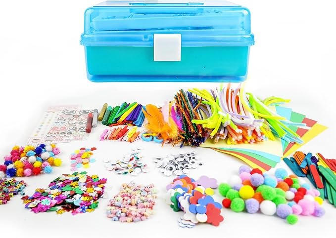 SMILESSKIDDO Kids Arts and Crafts, 1000+ PCS Craft Kits with Storage Box | Portable 3-Layer Folding Storage Box, 1000+ Pcs DIY Craft Supplies, School Craft Projects, Gifts for Girls Ages 4-12