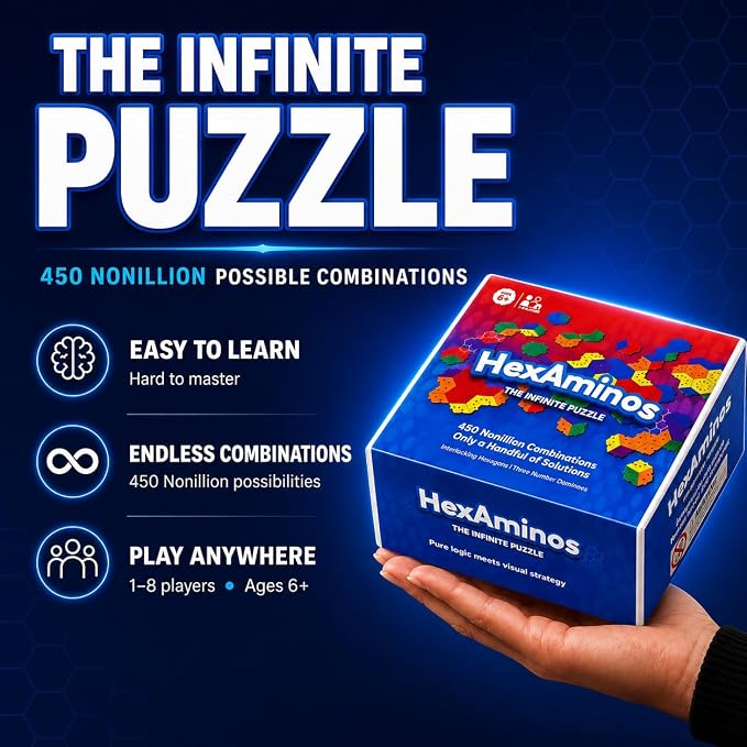 The Infinite Puzzle: Strategy Board Game for Familiy, Teens & Adults. 56 Hexagon Tiles for Solo or 1-8 Players. Travel-Friendly STEM Logic Game, 450 Nonillion Combinations, 8x7 Grid Challenge Ages +6