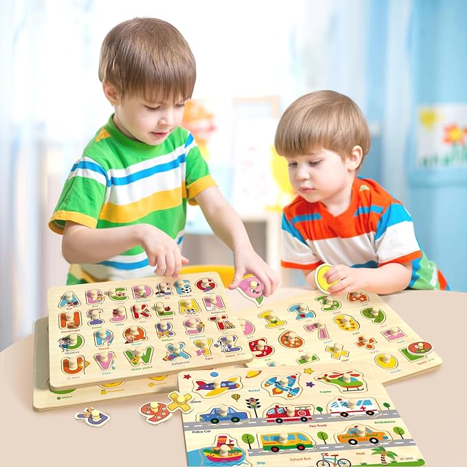 Wooden Peg Puzzles for Toddlers 2-4, 6 Pack Educational Peg Puzzles Montessori Toys, Learning Puzzles for Kids Girs Boys 1-3 3-5 with Alphabet Number Animal Vehicle Shape
