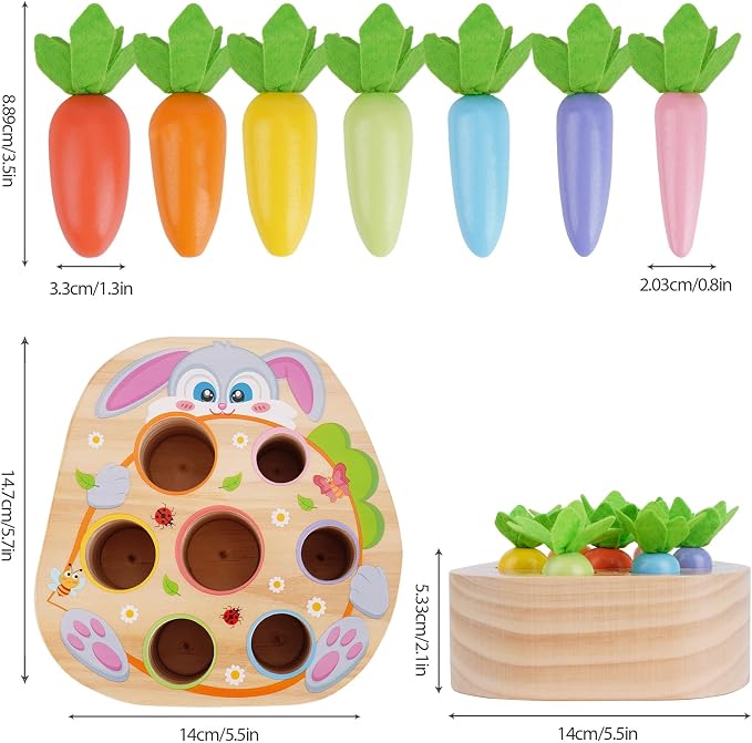 Montessori Toys for 2 3 Year Old Toddlers | Wooden Carrot Harvest Game | Shape Sorting Matching Toys for 18+ Months Baby Boys and Girls, 2st Birthday Easter Gifts for Babies 2 3 (Macron)