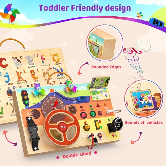 UdoUto Montessori Wooden Busy Board with Steering Wheel & Driving Toys | Sensory Activity Boards for Toddlers 1-3, Car Themed Fidget Toy, Lights, Switches & Windmill Spinner