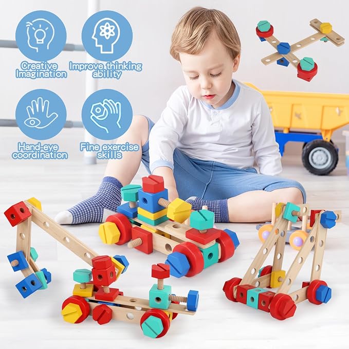 LOVELAND Wooden Take-Apart STEM Toy, 43-Piece Nut & Bolt Construction Set with Wooden Screwdriver & Wrench, Build Airplanes Helicopters Race Cars, Montessori Engineering Gift Ages 3-5