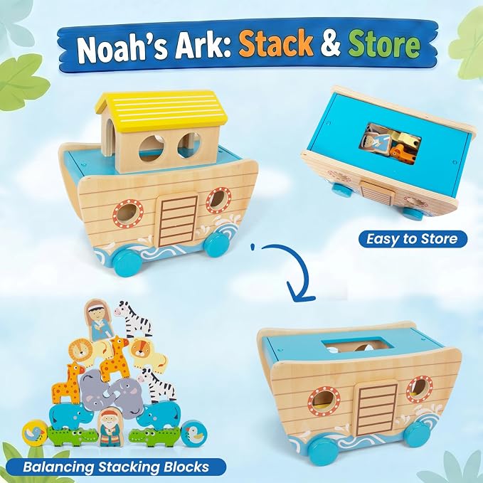 WOODENFUN Wooden Noah's Ark Toy for Toddlers, Baptism Christening Gift | Montessori Educational Toy, Animal Shape Sorter, Christian Toys, Birthday Gift for Boys Girls 3 Years Old