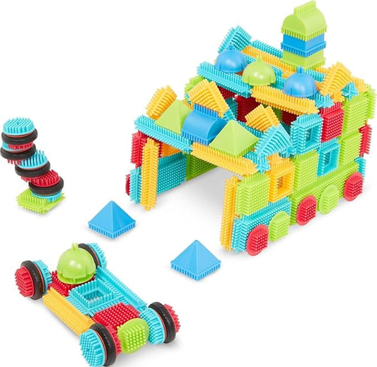 Battat Bristle Blocks Basic Builder Set, 112-Piece Building Blocks, Playset | Interlocking building blocks with soft bristles, assorted sizes and colors, plus 8 wheels for motion play, Playset, 2+ Years