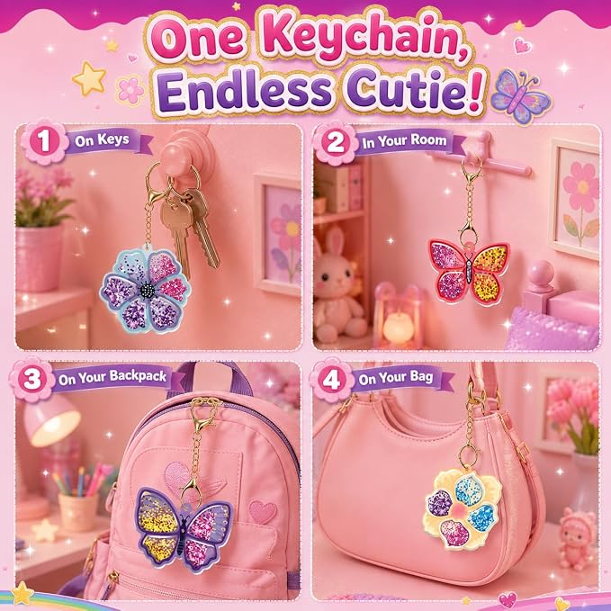 DIY Glitter Craft Kit with Keychains - Mess-Free Arts and Crafts for Kids Ages 4-8, Fun Shake-It Activity, Creative Travel Toys, Party Favors & Birthday Gifts for Girls 4-9