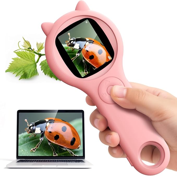 Kids Microscope for Girls, 500X Portable Digital Microscope with 2" IPS Screen, Cute STEM Learning Toy, Birthday Gift for Girls Age 5-12 (Pink)