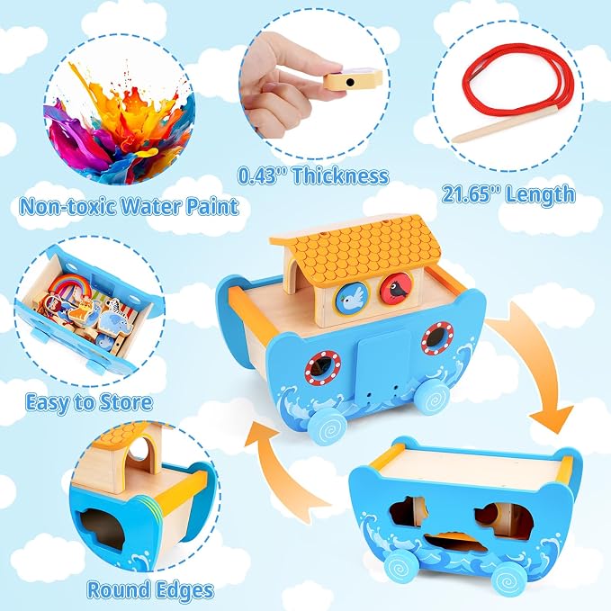 ATOYUS Wooden Noah's Ark Toy for 2+ Year Old Kids Boy and Girl Baptism Gift | Montessori Educational Toy with Animal Shape Sorter, Christian Bible Story Book for Kids Ages 2-4, Christmas Birthday Gifts