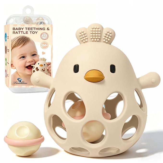 Tinabless 2-in-1 Baby Teether Rattle Toy, Easy Grip Silicone Teething Toy for Babies 3-12 Months, BPA-Free Sensory Chew Toy for Sore Gums, Infant Shower Gift (Beige w/Rattle)