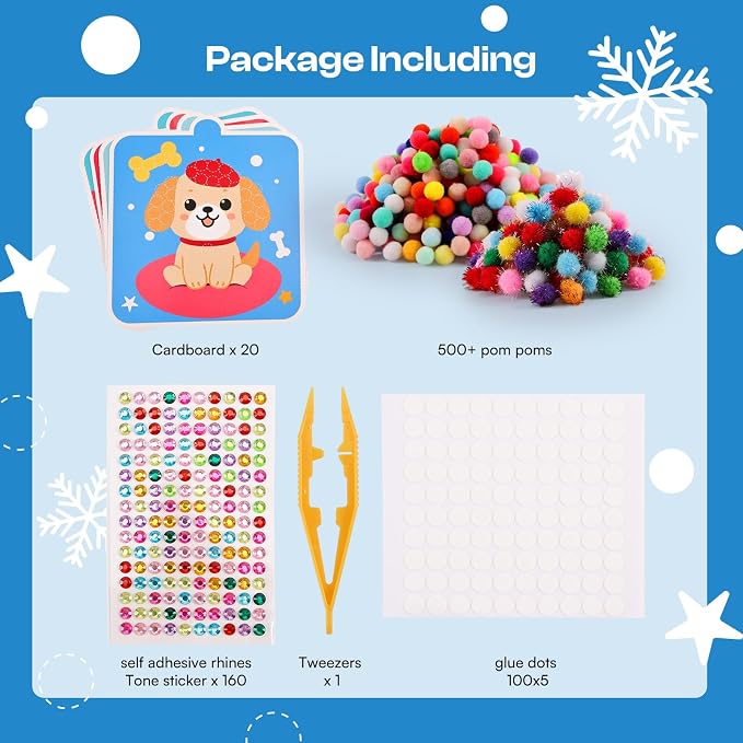 Caydo Pom Poms Art & Crafts Kit for Kids Ages 3 4 5 6 | Easy Toddler Sensory Activity Kit, Build Fine Motor Skills & Hand-Eye Coordination, Gift for Girls and Boys