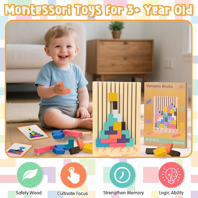 Wooden Stacking Puzzle Toy, Montessori Toys for 3+ Year Old, Wooden Brain Teaser Puzzles, 3D Russian Blocks, Educational Gift for Boys and Girls, Brain Teaser Activity for Home Decor & Toys & Games