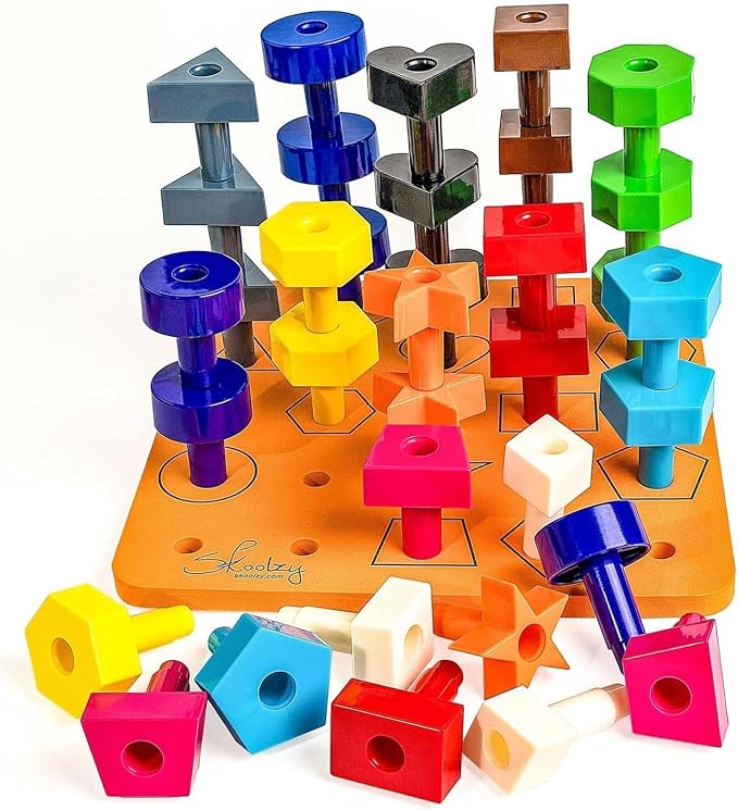 Peg Board Set, Montessori, 38 Pc Plastic w/Shapes, Ages 2+ | Occupational Therapy Toys with Pegs, Dice, Lacing String & Storage Bag, Educational, Sensory