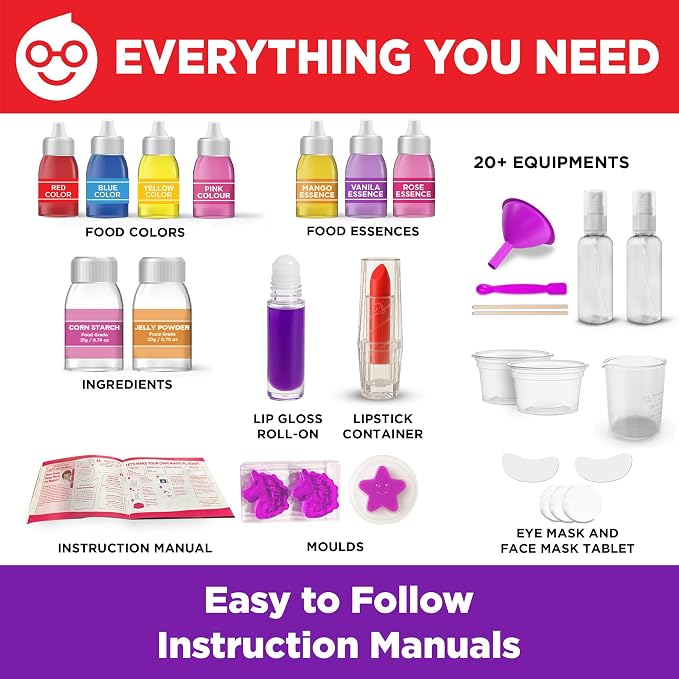 Doctor Jupiter Glam Science, DIY Makeup Craft Kit for Kids Ages 6,7,8+ | Birthday Gift for Girls Ages 6,7,8,9,10,11,12, DIY Makeup Craft Kit, Make Your Own Lip Gloss, 50+ Beauty Recipes