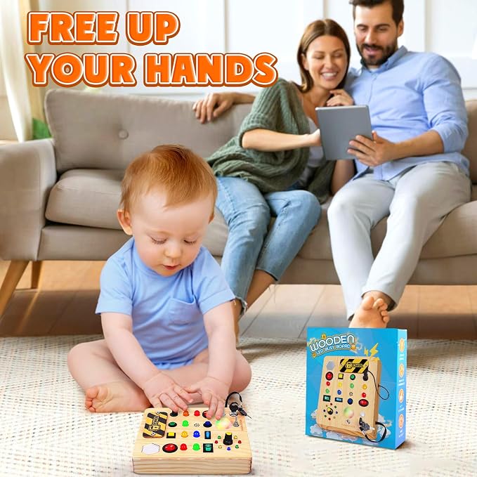 TINTECUSA Busy Board with LED Light, Wooden Sensory Toys for Toddler, Montessori Music Toy for Airplane, Travel Activity Educational Learning Autism Toys, Birthday Boys Girls Gifts
