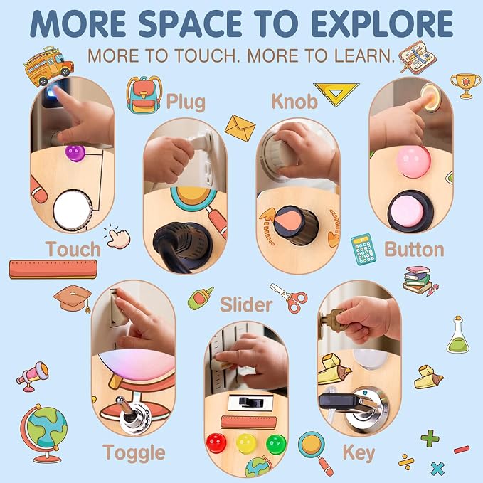 RichBoy Busy Boards, Lights Switch-Style, Wooden, 59-in-1, Large | Toddlers Birthday Gifts, Montessori Toys, Autism Sensory, Fine Motor Skills, Educational Learning, Travel Essentials