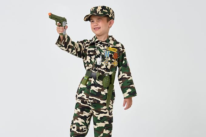 16PCS Kids Halloween Soldier Costume, Military Outfit with Accessories | Halloween Soldier Costume • 16PCS Military Set • Toy Accessories Included • Realistic Role Play • Ages 3-12