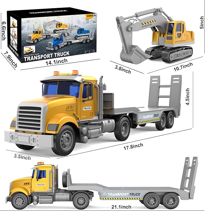 DOWELLIN Excavator Transports Trucks Kids Toys, 22" Large Semi Trucks Toy Carrier and Excavator Truck with Sound&Light,Friction Cars Toys Gifts for 3 4 5 6 7 8 Year Olds Kids Child-Yellow