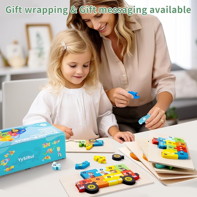 6 Pack Wooden Puzzles for Toddlers Ages 3-5, Montessori Vehicle Puzzle Toys | 60 Pieces, with Numbers 1-10, CPC certified, Educational Learning Toy, Birthday Gift for 3 4 5 Year Old Boys & Girls