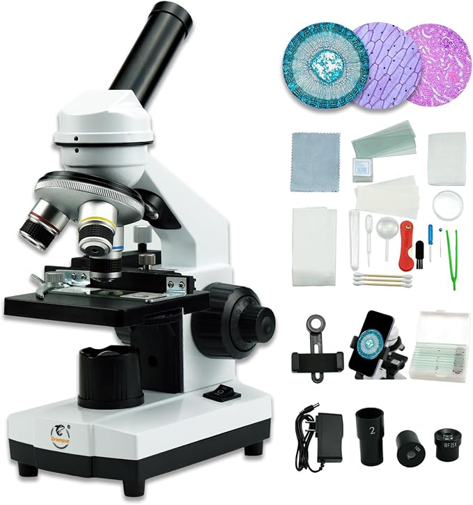 Grampus Achromatic Compound Minocular Microscope 40X-2000X, Dual LED Illumination, 10 Prepared Slides, 100 Cover Slips and Experiment Kit Offered for Kids Students Adults and Children