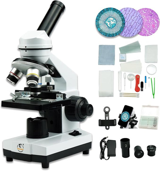 Grampus Achromatic Compound Minocular Microscope 40X-2000X, Dual LED Illumination, 10 Prepared Slides, 100 Cover Slips and Experiment Kit Offered for Kids Students Adults and Children