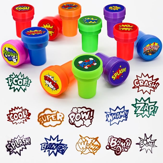 Cinrobiye 24 Pcs Hero Stampers Party Favor Set, Cute Superhero Stamps for Kids Birthday Party, Classroom Rewards, Carnival Prizes, Goody Bag Fillers, Super Hero Themed Party Supplies