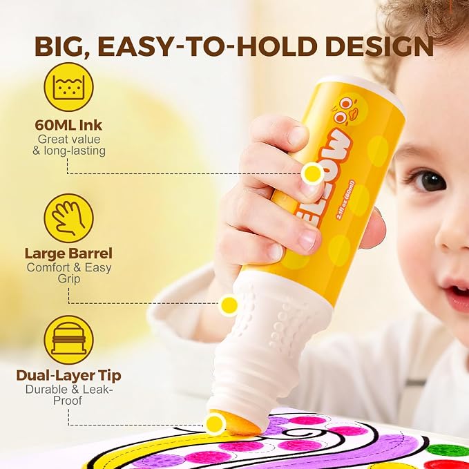Jar Melo Washable Dot Markers for Toddlers, 6 Colors, Large 60ML | Dot Paints with 120+ Printed Coloring PDF & 10 Activity Papers, Non-Toxic Bingo Markers for Kids Arts and Crafts Gifts