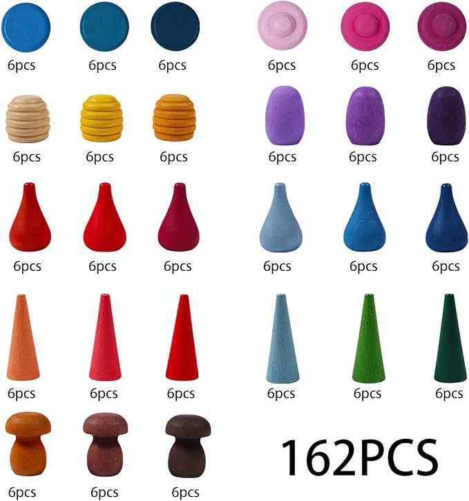 MIKNEKE 162 Wooden Loose Parts Sensory Bin Filler, Mandala Rainbow Stacker Open Ended Toy, 27 Colors Sensory Training Educational Set