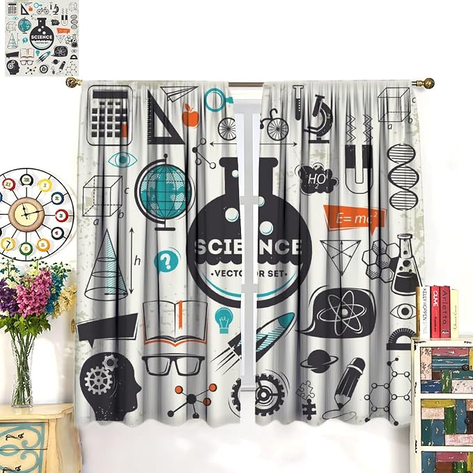 Science Bedroom Curtains, Chemistry Science Pharmacy Research Blackout Rod Pocket Window Drapes for Childs Girls Boys Bedroom Living Room Home Set 2 Panels,42x54 Inches