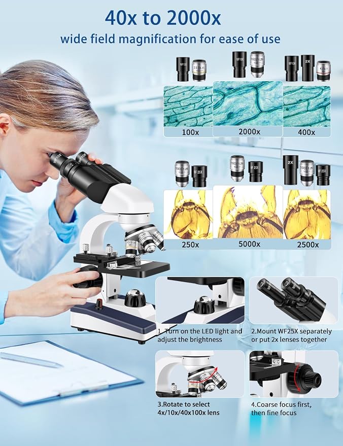 Microscope for Adults WF10x and WF25x eyepieces Compound Microscope with Microscope Slides, Microscope Kit for Kids Students Home School