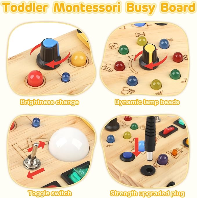 LED Busy Board for Toddlers 1-3,Montessori Sensory Toy with Key Switch and Plug, Light Up Wood Activity Switch Board for Fine Motor Skills, Educational Travel Toy Gift for 1 2 3 Year Old Boys Girls