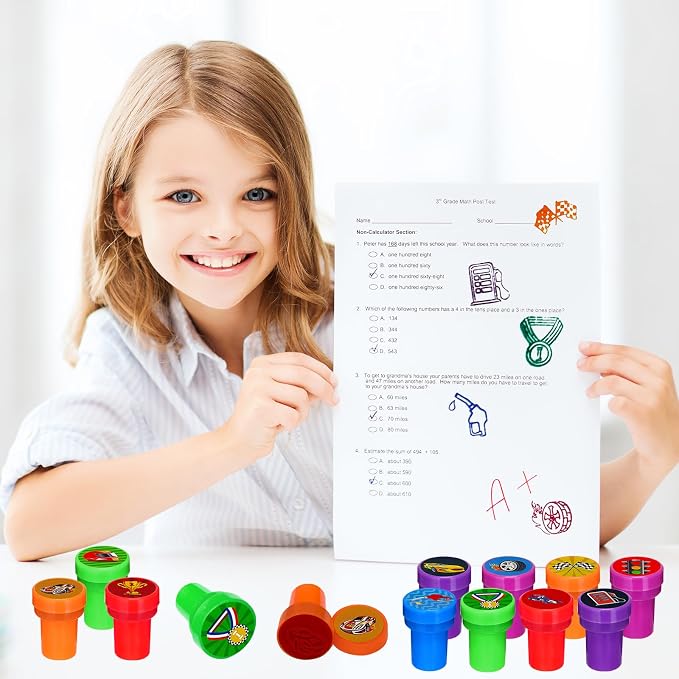 Cinrobiye 24 Pcs Race Car Stampers Party Favor Set, Cute Racing Car Stamps for Kids Birthday Party, Classroom Rewards, Carnival Prizes, Goody Bag Fillers, Racing Themed Party Supplies