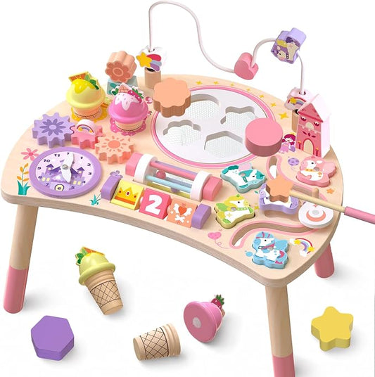Wooden Activity Table, Montessori Busy Board for Toddlers 1-3 | Unicorn 10-in-1 Sensory Learning Toy with Bead Maze, Shape Matching, Gears, Clock — Birthday Gift for 1 2 3 Year Old Kids