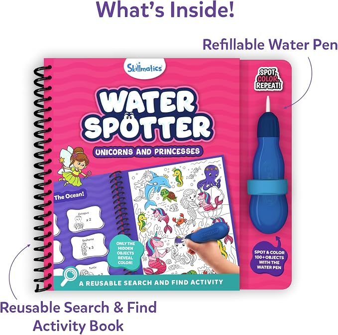 Skillmatics Water Spotter Unicorns & Princesses, Travel Toy, Activity Book | Paint with Water Kit, Kindergarten Coloring Book, Screen-Free Fun, Mess-Free, Gift for Kids, Boys & Girls Ages 4, 5, 6, 7, 8