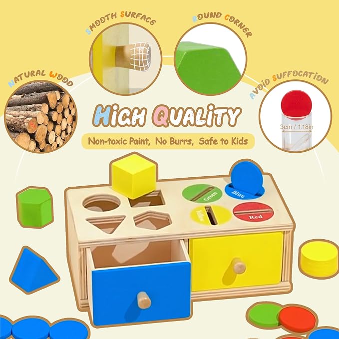 Biottro Wooden Montessori Toys for 3 4 5 Year Old, 2-in-1 Shape Sorter & Coin Drop Box Toy with Drawers Math Counting Color Sorting Game Preschool Educational Sensory Toy Gift for Kids Boys Girls