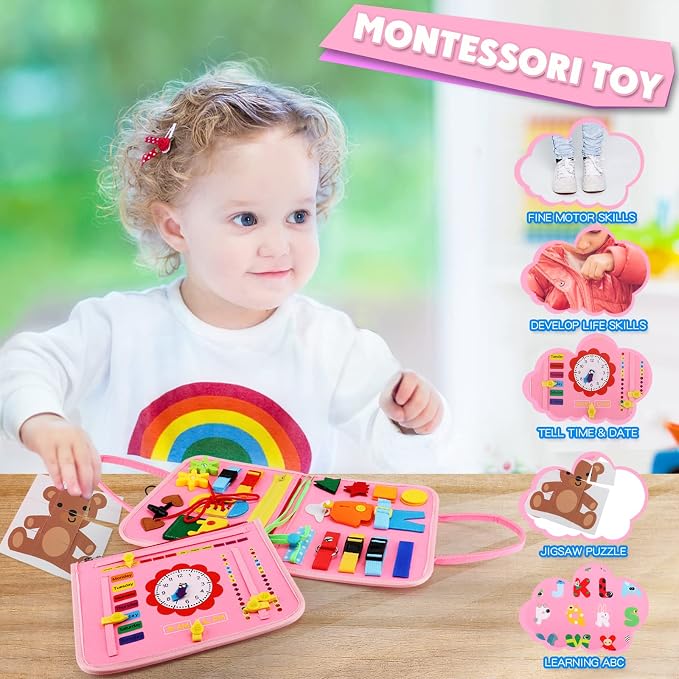 Busy Board Montessori Toy for 3-6 Year Old Toddlers - Educational Activity Developing Sensory Board for Basic Dress Fine Motor Skills - Travel Toys for Plane Car, Gift for Boys Girls