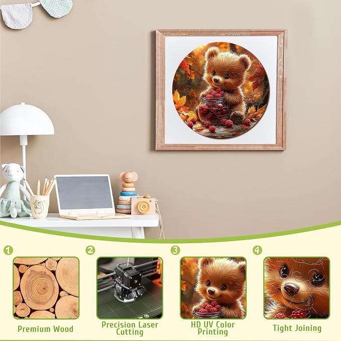 Animal Wooden Puzzles for Kids - Berry Bear | 50 Piece Puzzles for Kids Ages 4-6 - Kids Puzzle with Unique Animal Shapes - Round Puzzles for Boys and Girls (11.4 * 11.4in)