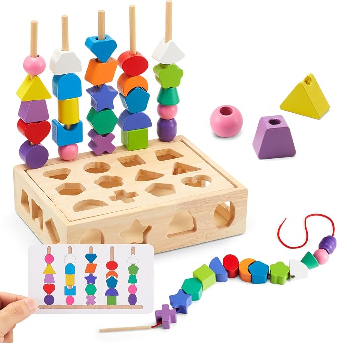 3 in 1 Montessori Wooden Toys, Lacing Beads & Stacking Blocks & Shape Sorter Sequencing Toy Set, STEM Preschool Educational Learning Fine Motor Skills Toys for Toddlers 3 4 5 Years Gifts