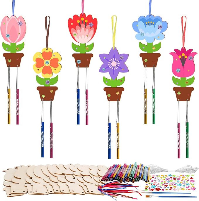 Fennoral 12 Pack Flower Wind Chime Craft for Kids Make You Own Flower Wind Chimes Ornaments DIY Coloring Wooden Art and Craft for Summer Classroom Art Activities Birthday Decorations