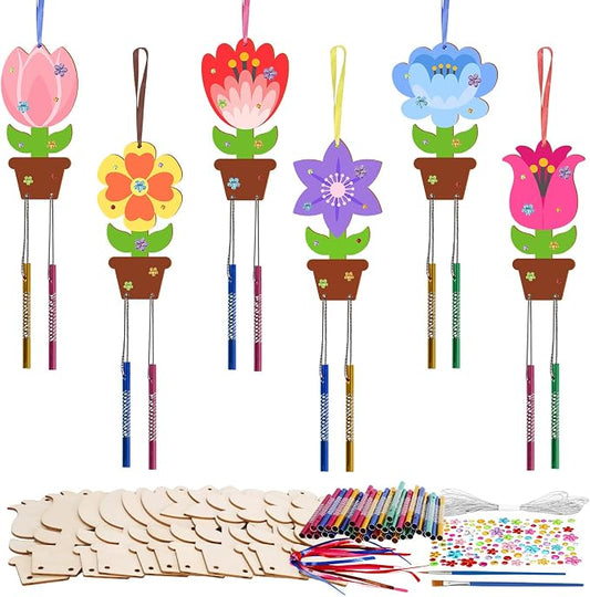Fennoral 12 Pack Flower Wind Chime Craft for Kids Make You Own Flower Wind Chimes Ornaments DIY Coloring Wooden Art and Craft for Summer Classroom Art Activities Birthday Decorations