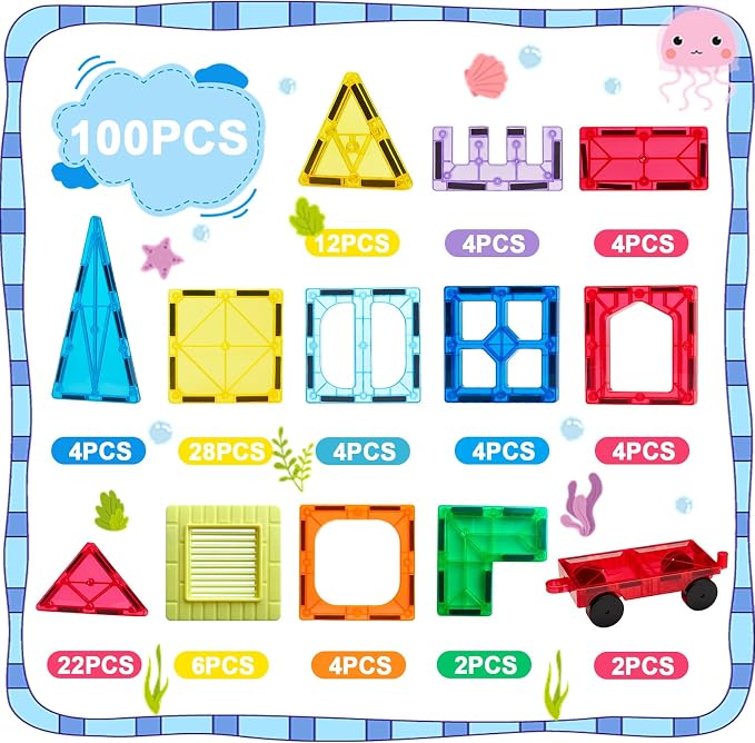 Anbalulu Magnetic Tiles 100PCS with 2 Cars, Set for Kids Ages 3-9 | STEM Educational Construction Building Blocks, Magnetic Construction Toy Gifts for Toddlers