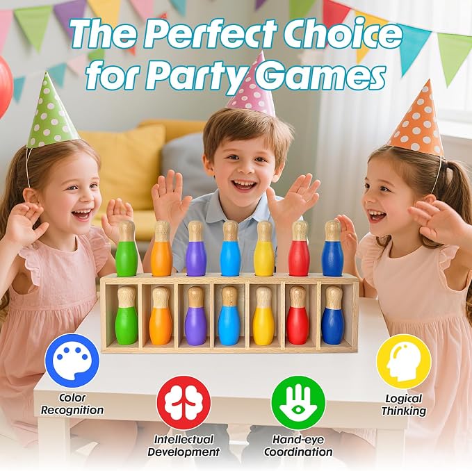 pamexin Family Games for Kids, Wooden Bowling Color Matching Game with 7 Bright Pins and Storage Bag, Family Board Games Party Birthday Gift, Fun Party Game for Boys Girls