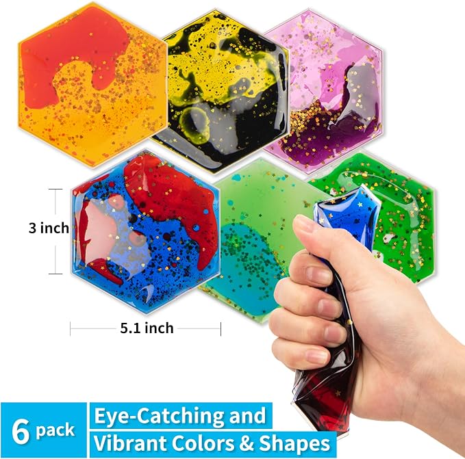 Art3d Hexagon Sensory Fidget Multicolor Liquid Motion Tiles, 6-Pack | Lightweight, Boost Focus, Relieve Anxiety, Eco-Friendly, Varied Colors & Shapes, Suitable for Kids, Teens
