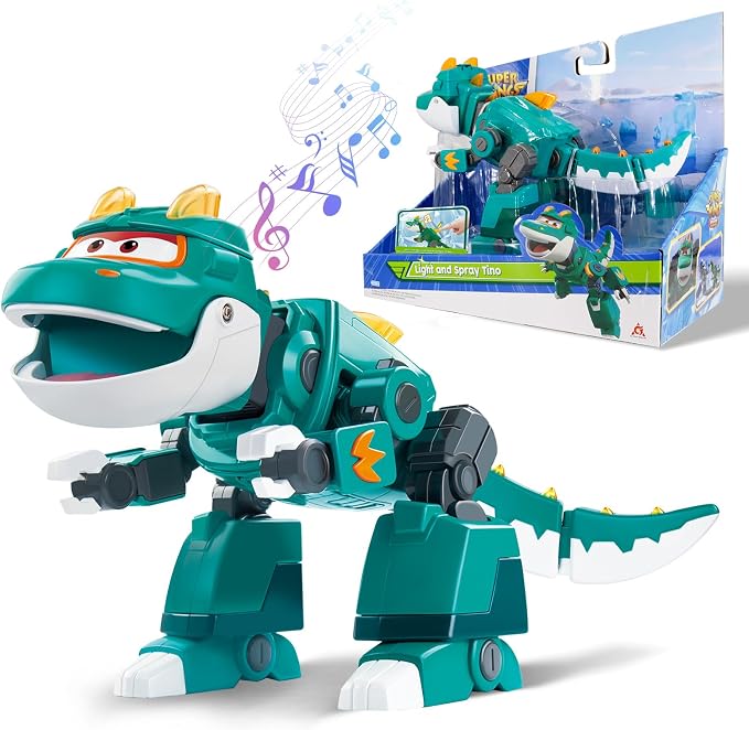 Super Wings Toys Tino 15inch Dinosaur, Season 6 New Character, Dinasour Action Figures with Water Mist, Flashing Light, Roaring, Dinosaur Toys for Kids 3-5 or 3+