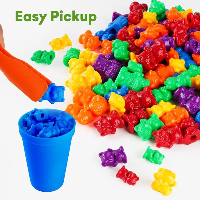 NEOROD Counting Bears - 90 Pcs Color Sorting Toys for Toddlers 1-3 & Preschool Learning Toys with Stacking Cups,Math Manipulatives with 2 Tweezers, 2 Dices, 12 Activity Cards & Storage Container