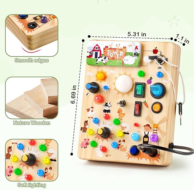 Sanlebi LED Busy Board for Toddlers 1-3,Montessori Toy with Key Switch, Light Up Wood Activity Sensory Board for Fine Motor Skills, Educational Travel Toy Gift for 1 2 3 Year Old Boys Girl