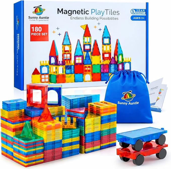 SUNNY AUNTIE Magnetic Tiles STEM Toys Building Set, Ages 3+ - 180 Pieces | Magnetic Tiles Building Toys, STEM Toys, Magnetic Blocks Construction Set, with 2 Cars & Guide Booklet for Kids Ages 3+