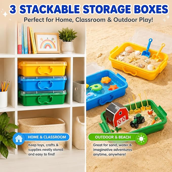 Sensory Bin with Lid for Toddlers 3 Pack 12.8 in, Stackable toy bins | Carolart Durable Plastic Sandbox for crafts, easy stack activity containers for sand, crafts, puzzles and toys