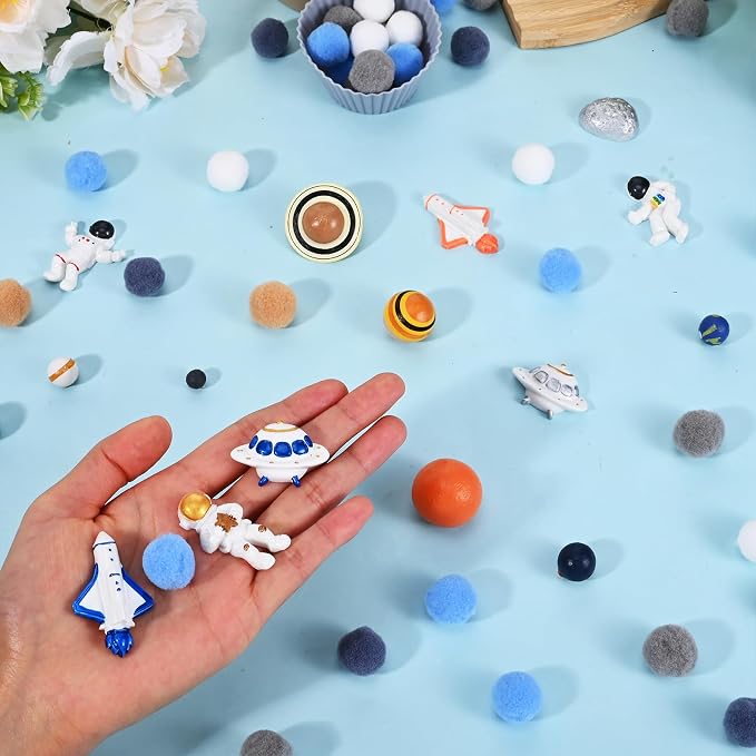 Sanixn 152 Pcs Space Sensory Bin Fillers Outer Space Fine Motor Skills Astronauts Sensory Bin Item Pompoms Cups Tweezers Scissor Clips for Preschool Education Activities Sorting Counting(Space)