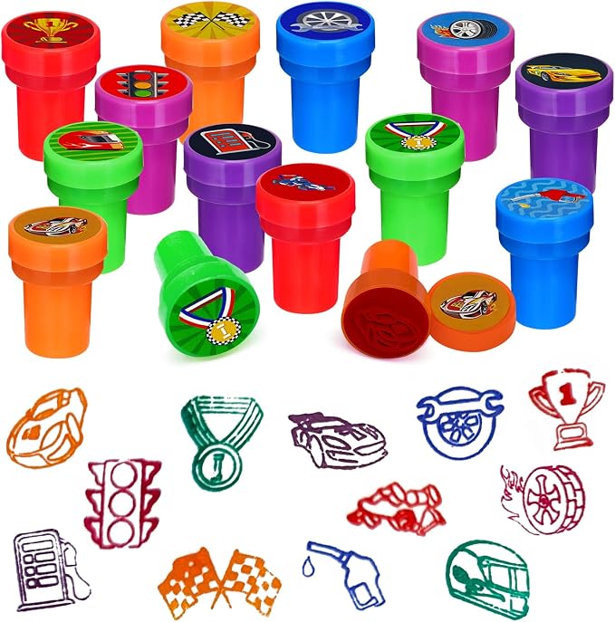 Cinrobiye 24 Pcs Race Car Stampers Party Favor Set, Cute Racing Car Stamps for Kids Birthday Party, Classroom Rewards, Carnival Prizes, Goody Bag Fillers, Racing Themed Party Supplies