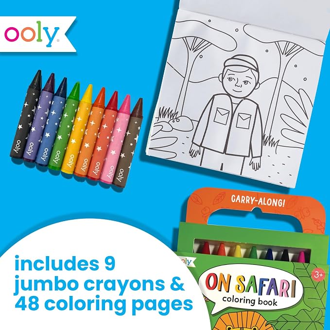 Ooly Kids Coloring Book 9 Jumbo Crayon Kit - Safari | Ages 3+, Easy Grip, Handle Carry, Great for Car and Airplane Travel, Fun Gift